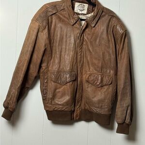 Global Identity Men’s Brown 100% Leather Bomber Jacket Ribbed Cuffs and Hem Sz L